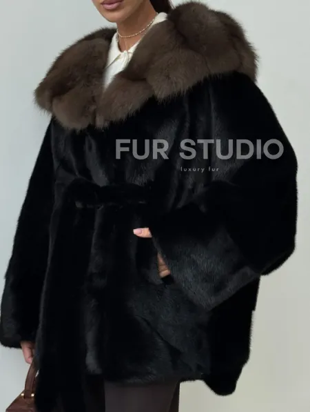 Норковый полушубок с капюшоном - летучая мышь - фото 3