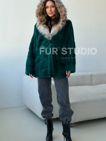 Норковая шуба с капюшоном из рыси - фото 4