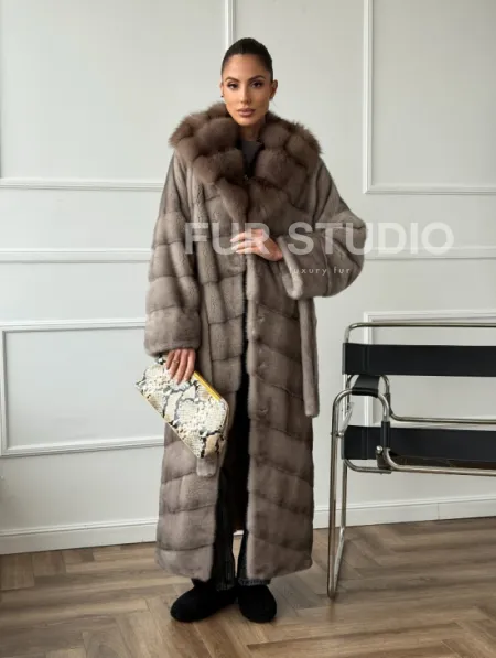 Шуба-кимоно норка в пол с капюшоном куница - фото 11