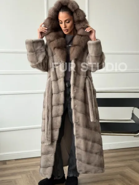 Шуба-кимоно норка в пол с капюшоном куница - фото 2