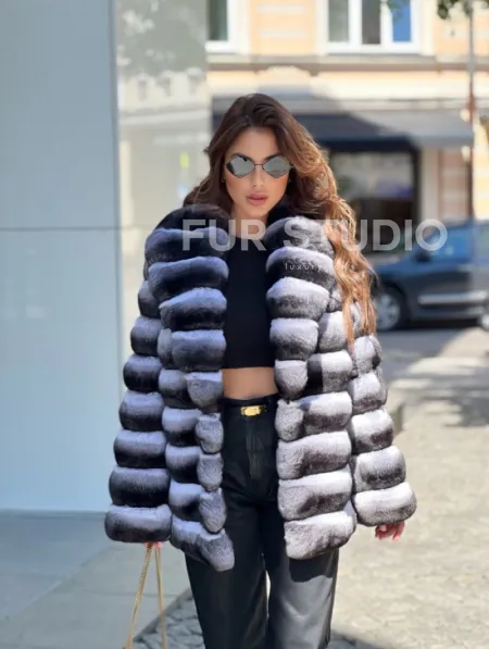 Шуба из меха шиншиллы с шалевым воротником - фото 0