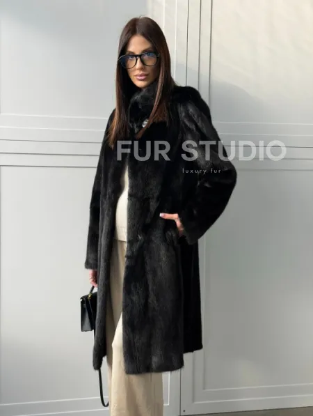 Черная норковая шуба - воротник стойка - фото 7