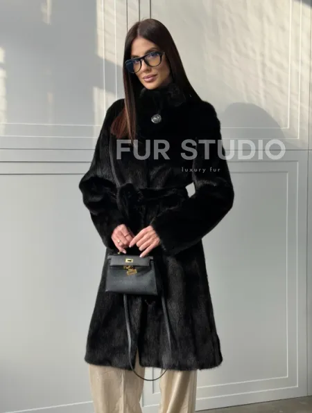 Черная норковая шуба - воротник стойка - фото 9