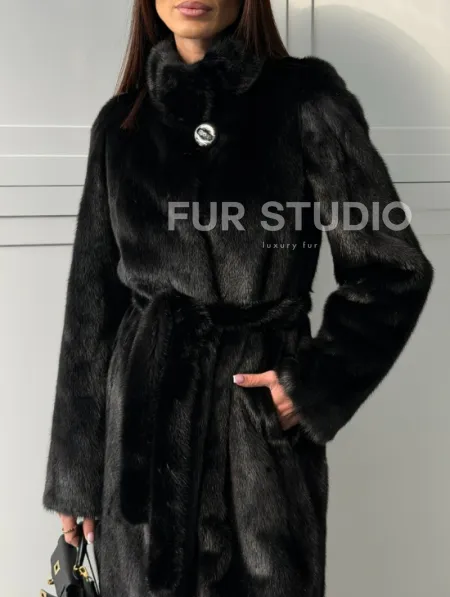 Черная норковая шуба - воротник стойка - фото 2