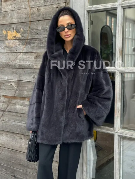 Шуба норковая с капюшоном - цвет графит - фото 2