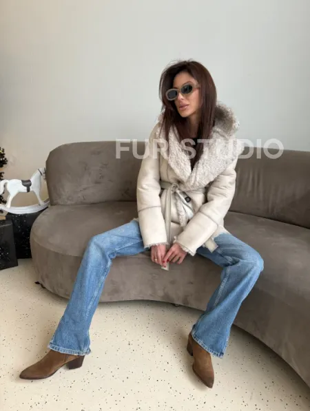 Двусторонняя дублёнка - шуба, мех тиградо английский воротник - фото 4