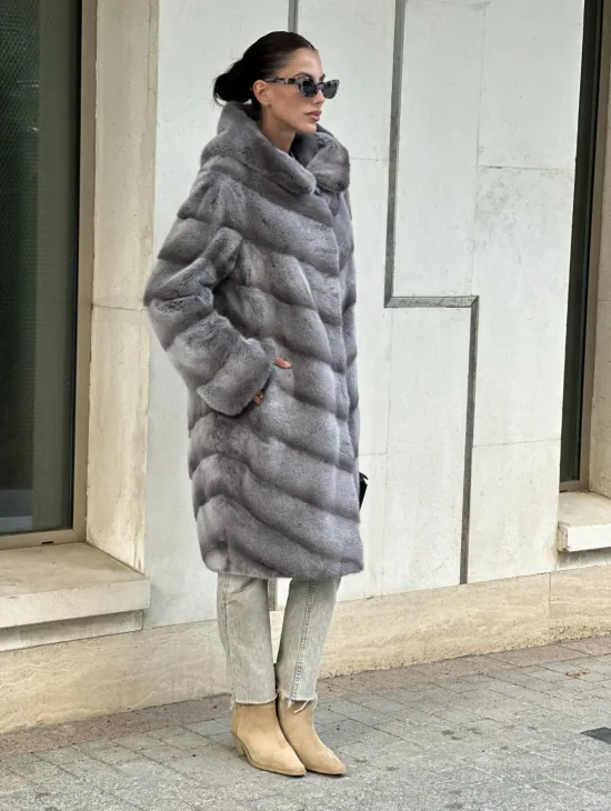 Норковая шуба с капюшоном - цвет PLATINUM (СЕРЫЙ) - фото 7