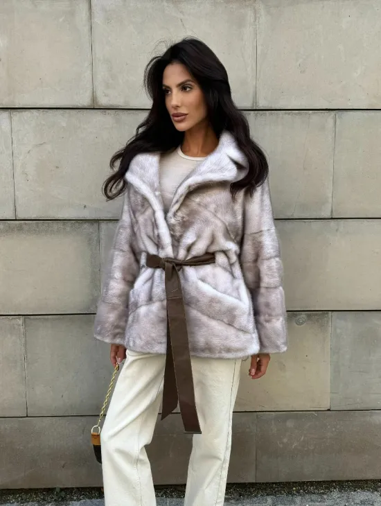 Укороченная шуба из меха норки модель кимоно - цвет колотый лед - фото 9