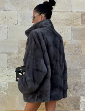 Короткая норковая шуба с английским воротником - цвет графит - фото 4