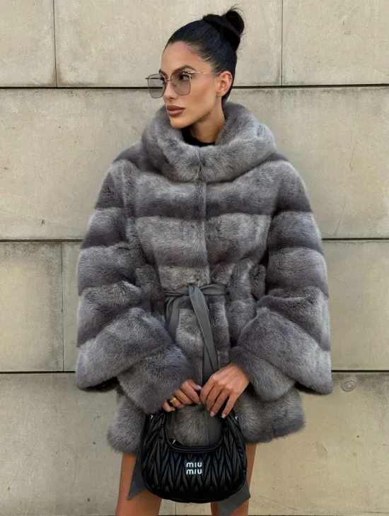 Норковая шуба с рукавом трансформер, капюшон - цвет PLATINUM (СЕРЫЙ) - фото 11
