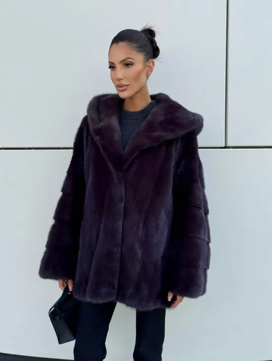 Норковый полушубок автоледи с капюшоном - цвет инжир - фото 4