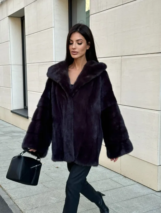 Меховое полупальто из аукционной норки с капюшоном Dark violet - фото 5