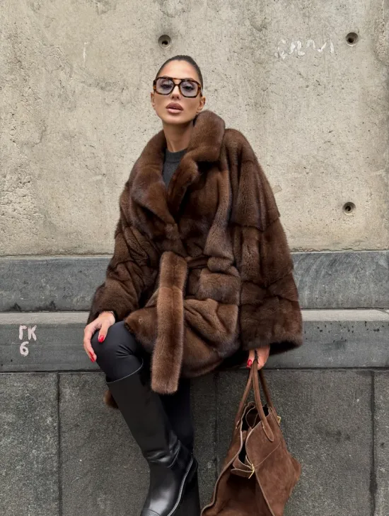 Полушубок из меха норки Brown Velvet, английский воротник фасон - летучая мышь - фото 11