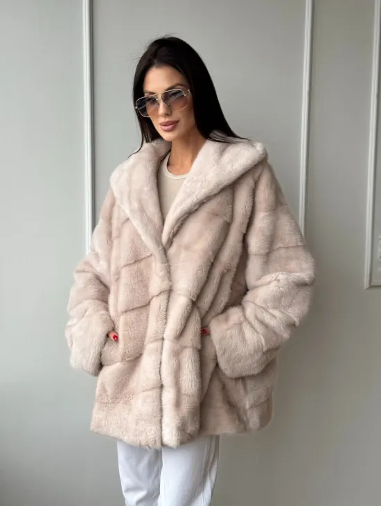 Зимняя норковая шуба цвет пудра с капюшоном - фото 5