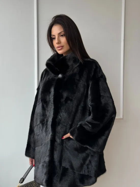 Черный полушубок из натурального меха, стойка воротник - фото 7
