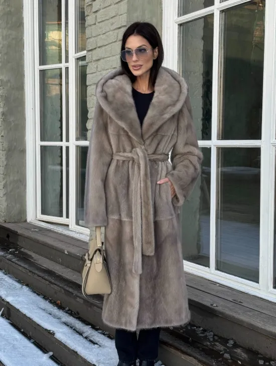 Шуба норковая серая с капюшоном и меховым поясом, классика - фото 9