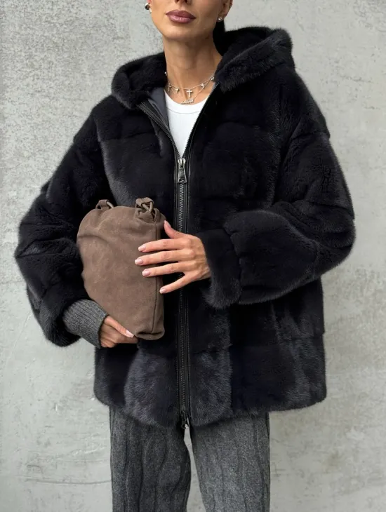 Норковый полушубок - куртка из меха норки с капюшоном графит - фото 2