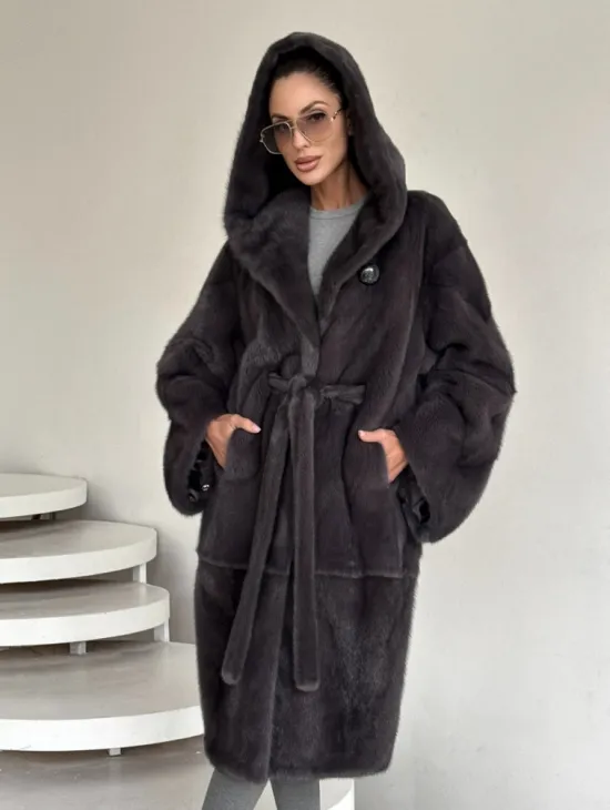 Зимняя норковая шуба с капюшоном - цвет графит - фото 0