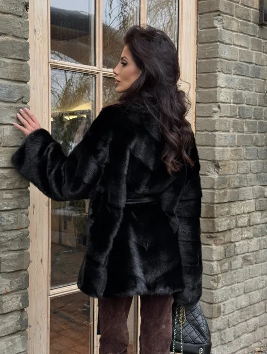 Черный норковый полушубок с воротником V-образным - фото 8
