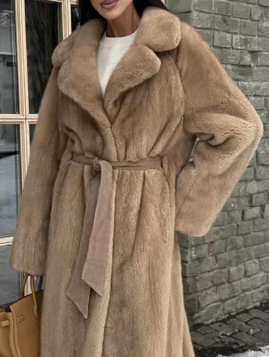 Удлиненная стильная шуба кимоно из скандинавской норки английский воротник - фото 2