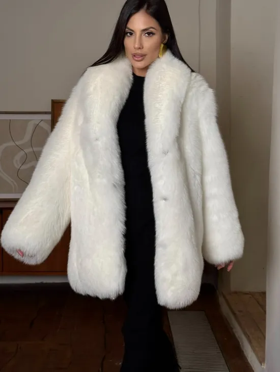 Белая шуба из меха лисы - воротник шаль - фото 2