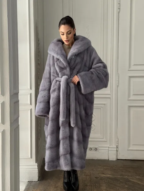 Длинная голубая норковая шуба с капюшоном PLUS SIZE - фото 8