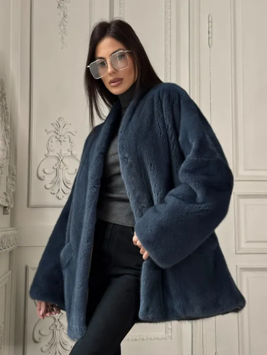 Женский меховой жакет из скандинавской норки с V-образным воротником - фото 8