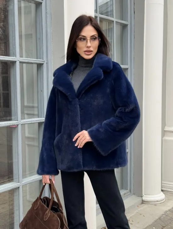 Синий норковый полушубок с английским воротником - фото 7