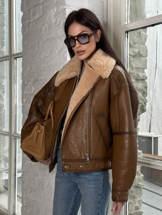 Дубленка женская «Oversize style» со спущенным плечом - цвет виски - фото 0