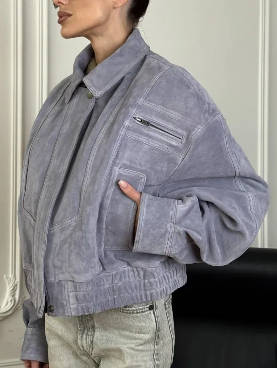 Бомбер - куртка весенняя оверсайз из натуральной кожи (замши) Grey blue - фото 1