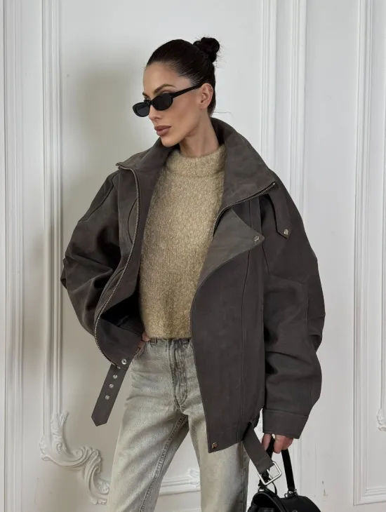 Современная куртка - бомбер из винтажной кожи Gray с двойным воротником - фото 9