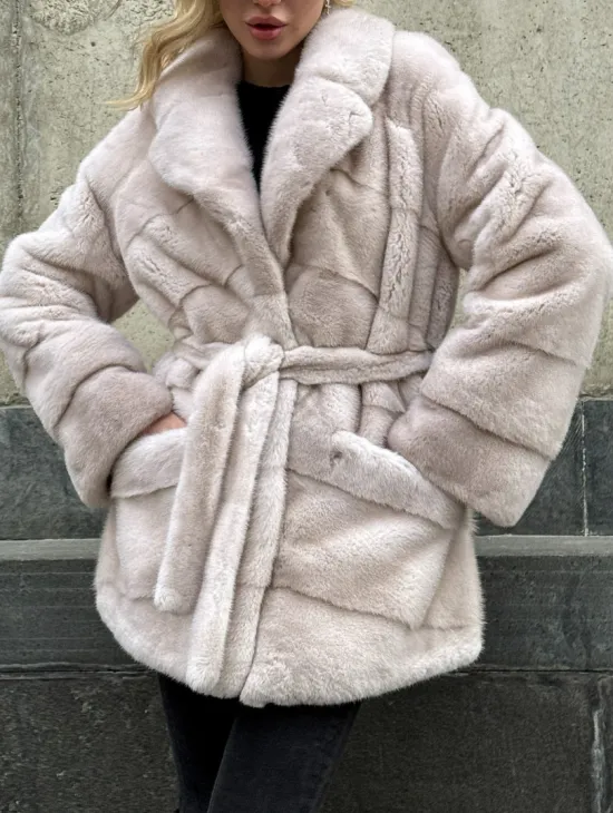 Светлый норковый полушубок PREMIUM FUR с английским воротником - фото 1