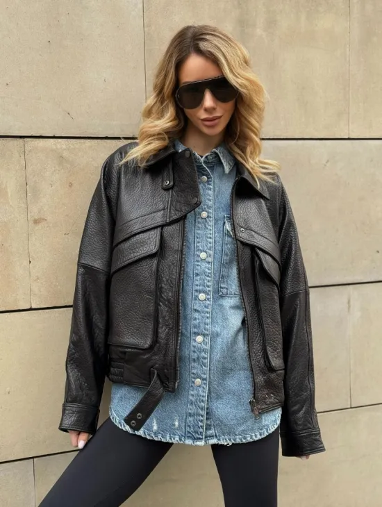 Трендовая куртка - бомбер oversize из натуральной кожи Joomba - фото 7