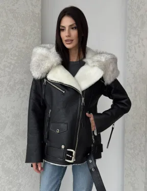 Черная куртка дубленка с капюшоном - фото 5