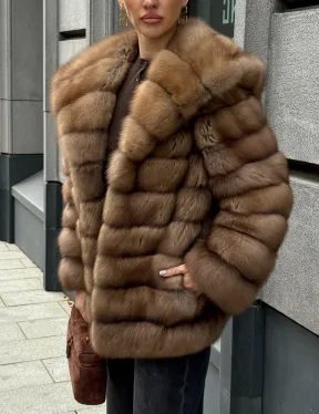 Шуба из натурального меха куницы с капюшоном - фото 3