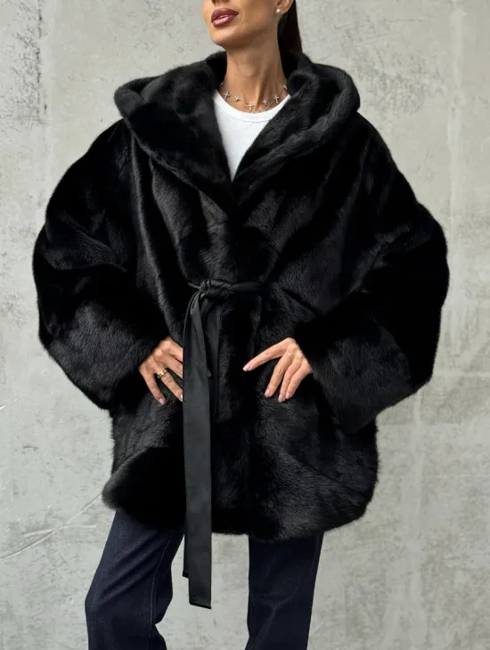 Полушубок черный норковый с капюшоном - фото 3