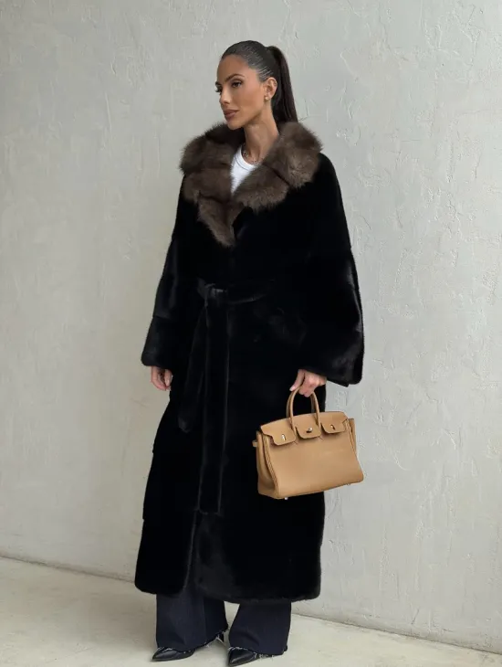 Черная норковая шуба - воротник куница - фото 9