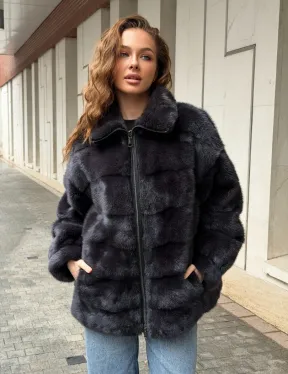 Норковая куртка на молнии - графит - фото 9