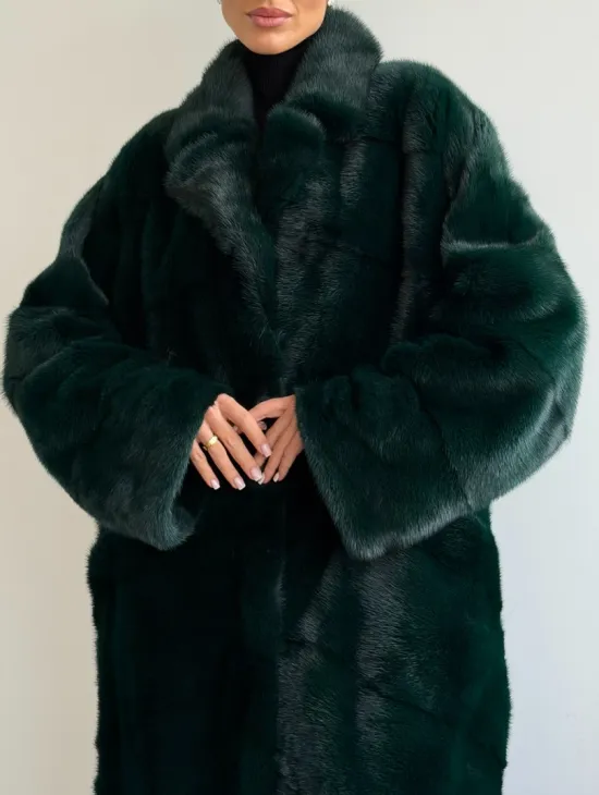 Зеленая норковая шуба - английский воротник - фото 2