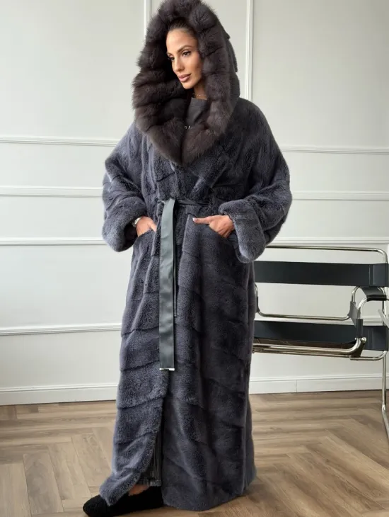 Длинная норковая шуба в пол с капюшоном куница - фото 3