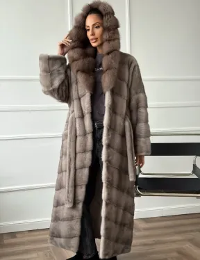 Шуба-кимоно норка в пол с капюшоном куница - фото 5