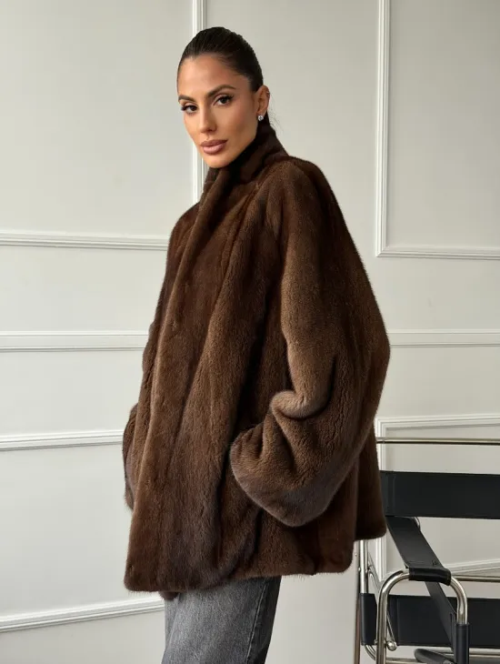 Норка жакет орех V-образный ворот - фото 8