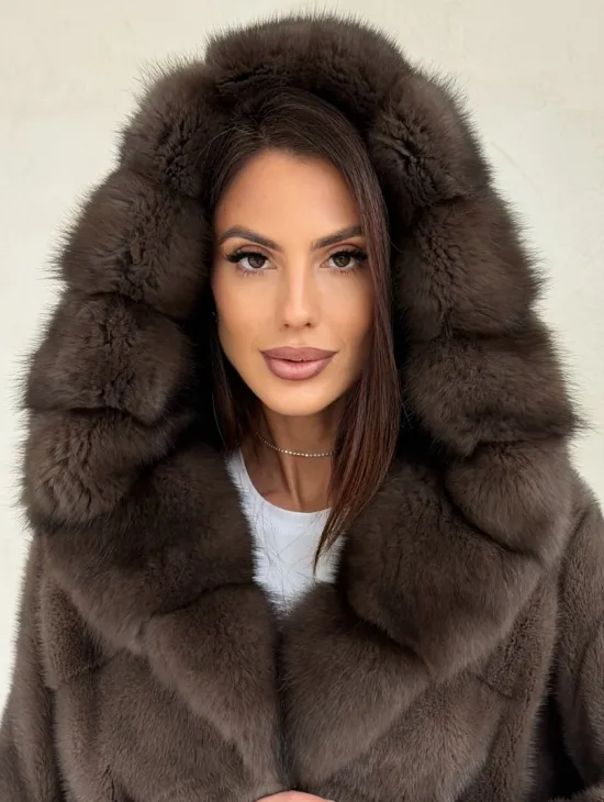 Меховой норковый полушубок с капюшоном куница - фото 5