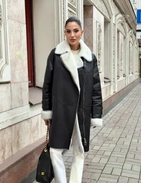 Дубленка авиатор длинная на белой овчине - фото 9