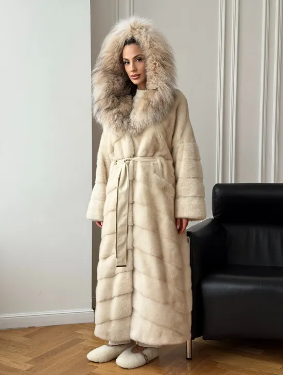 Длинная норковая шуба - капюшон из меха рыси - фото 9