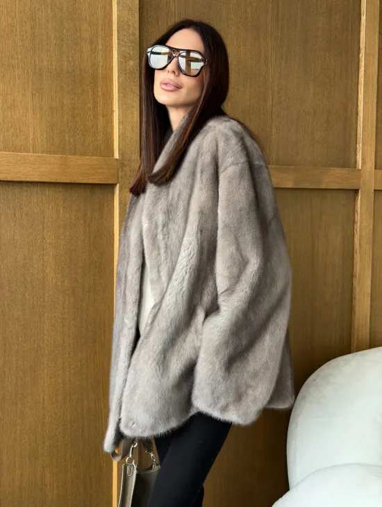 Норковый жакет в натуральном сером цвете - фото 5