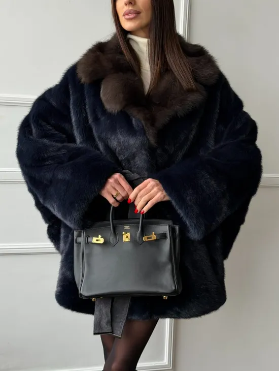 Норковый полушубок летучая мышь с воротником куницы  Dark Blue - фото 4