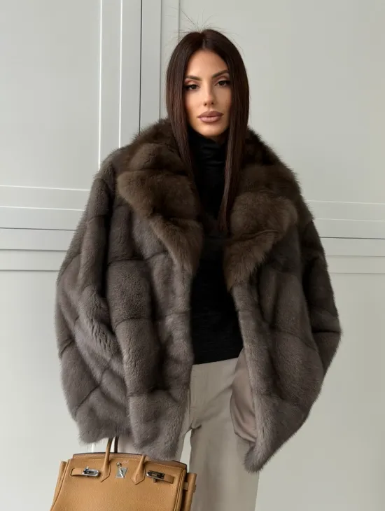 Шуба норковая автоледи - воротник куница (серый) - фото 0