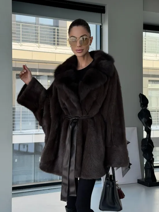 Норковое автоледи с воротником из куницы - фото 18