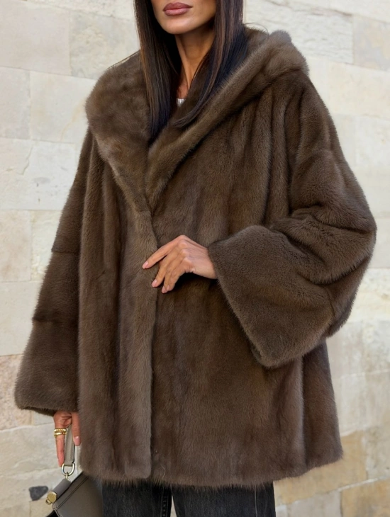 Женский норковый полушубок с капюшоном кобра - фото 2
